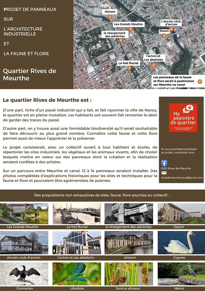 Image média: Projet de panneaux sur l’architecture  industrielle  et  la faune et fLore sur le quartier Rives de Meurthe